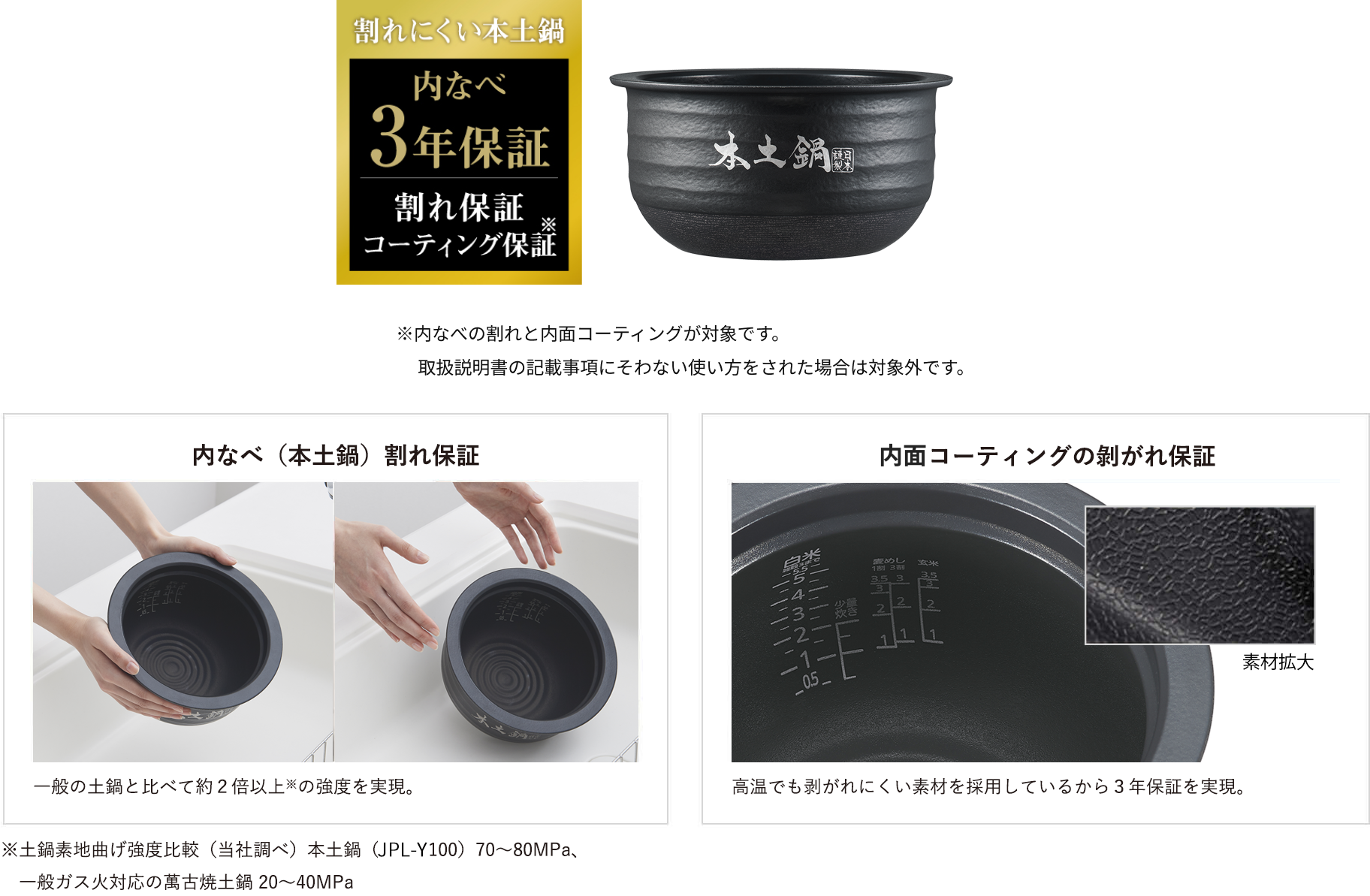 Warranty for cracking of the inner pot (authentic donabe) The authentic donabe is over twice as strong as* general ceramic inner pots. *Based on a comparison of the bending strength of the base material of the ceramic inner pot (research conducted by Tiger). Authentic ceramic inner pot (JPL-Y100): 70 to 80 MPa; conventional Banko clay pot for gas heating: 20 to 40 MPa